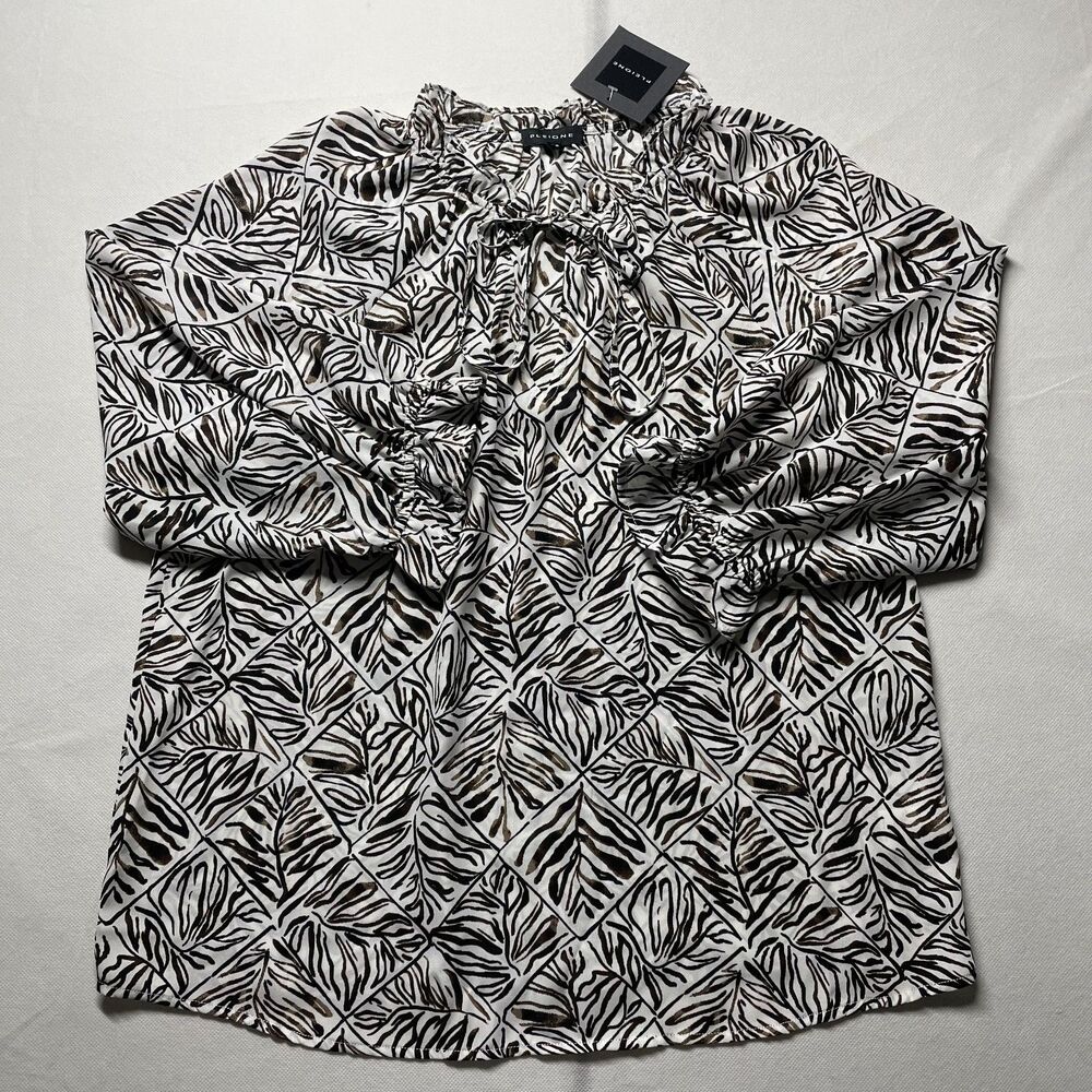 Pleione Blouse Women M Ivory Black Brown Leaf Print Tie Neck Ruffle 3/4 Sleeve